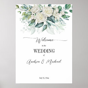 Affiche Mariage vert eucalyptus blanc roses