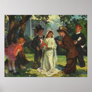 Affiche Mariage Vintage, Des Enfants Jouent les Mariés