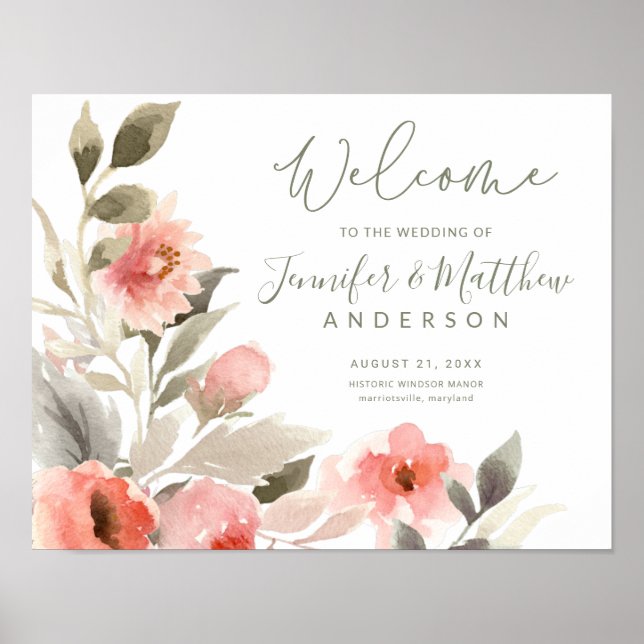 Affiche Mariage Welcome Aquarelle Blush Rose Floral Sign (Devant)