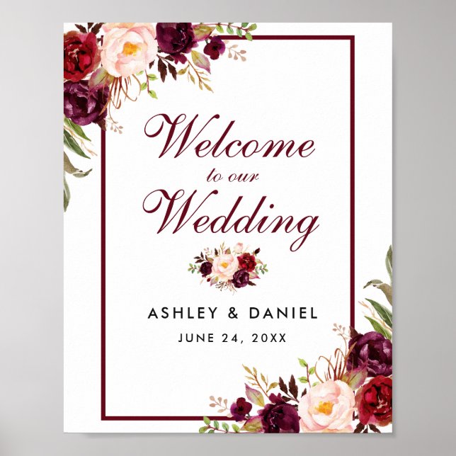 Affiche Mariage Welcome Aquarelle Bourgogne Floral (Devant)