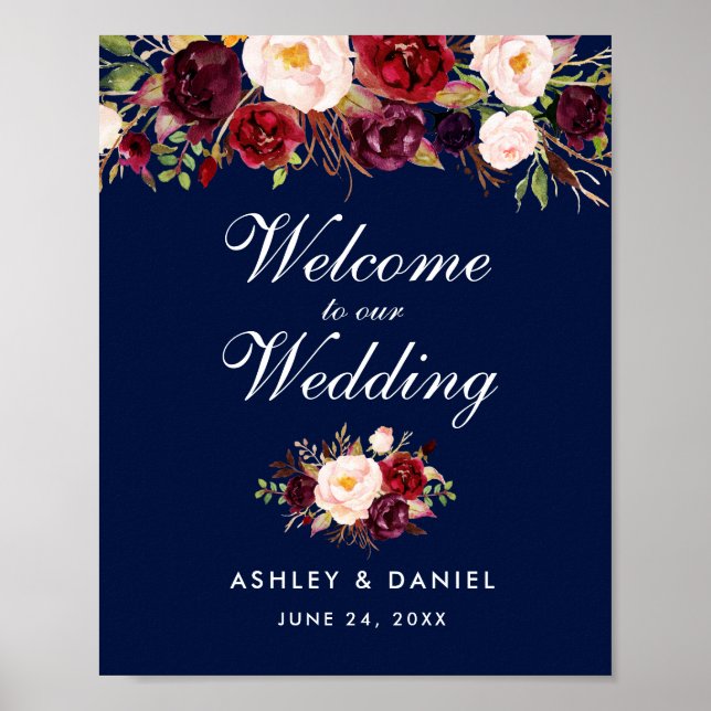Affiche Mariage Welcome Aquarelle Florale Bourgogne Bleu (Devant)