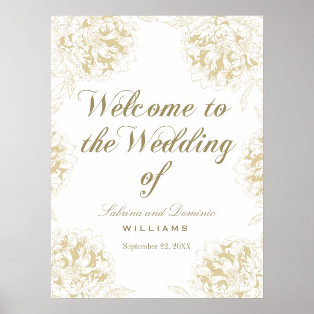 Affiche Mariage Welcome or Elegant Peony Floral (Devant)