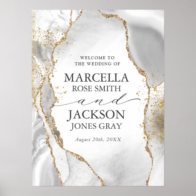 Affiche Mariage White, Gold & Grey Mist Agate (Devant)