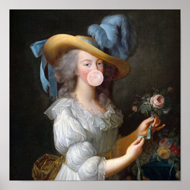 Affiche Marie Antoinette soufflant un bubble gum rose (Devant)