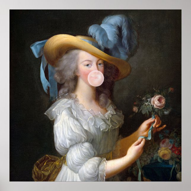 Affiche Marie Antoinette soufflant un bubble gum rose (Devant)