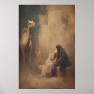 Affiche Marie et Joseph se reposant avec chameau, Mur chré