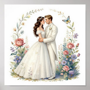 Affiche Marié Romantique Fleurs Élégant Couple de Mariage