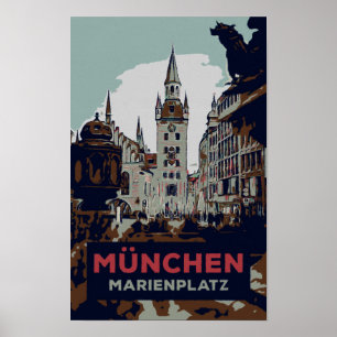 Affiche Marienplatz, Centre-ville de Munich Illustration