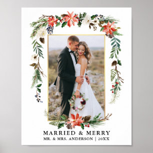Affiche Mariés et Joyeux Or Aquarelle Floral Hiver