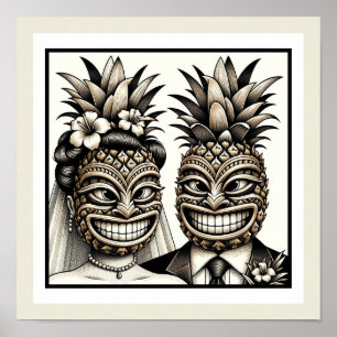 Affiche Mariés Tête de Tiki Ananas Aloha de Mariage