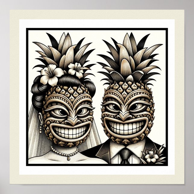 Affiche Mariés Tête de Tiki Ananas Aloha de Mariage  (Devant)