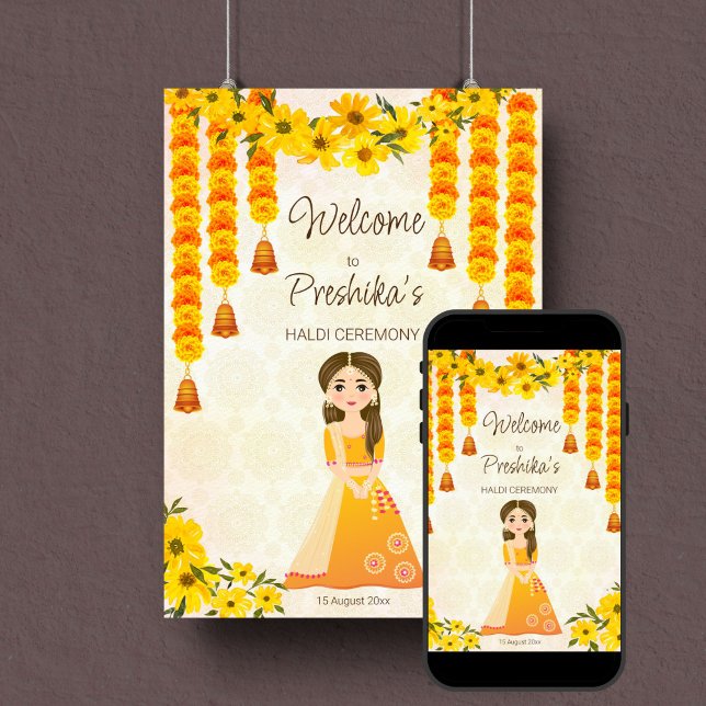 Affiche Marigolds fille indienne mignonne Accueil personna (Girls Haldi Indian wedding welcome sign template digital download cute girl marigold garlands)