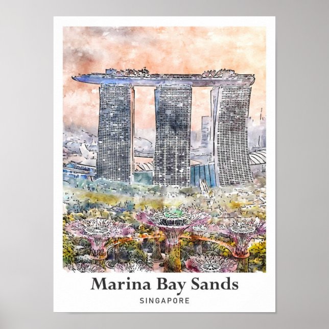 Affiche Marina Bay Sands Singapour Aquarelle de voyage (Devant)