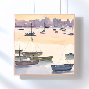 Affiche Marina pour bateaux   Baie océanique à l'aquarelle