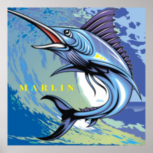 Affiche Marine Animal Big Fish Marlin Nage dans l'océan