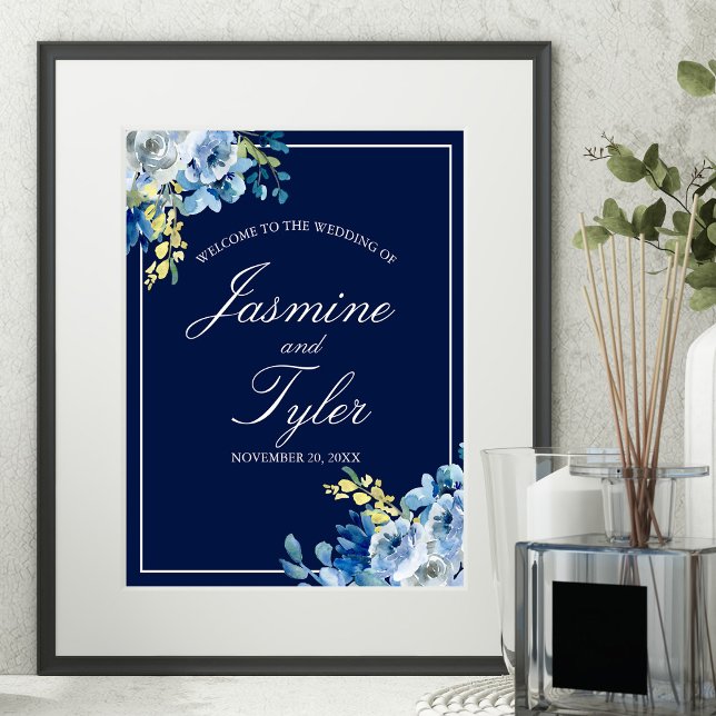 Affiche Marine Bleu Blanc Floral Élégant Mariage de bienve (Créateur téléchargé)