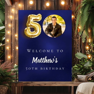 Affiche Marine bleu or 50ème photo anniversaire fête bienv