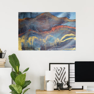 Affiche Marine Bleu & or Aquarelle Marbre Moderne Abstrait