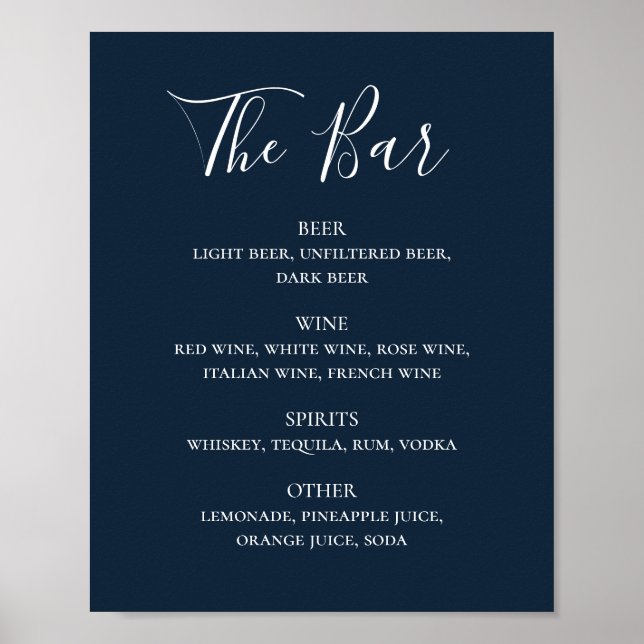 Affiche Marine bleu simple script mariage boissons menu ba (Devant)