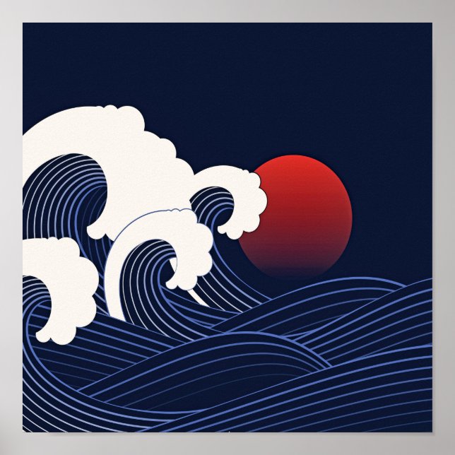 Affiche Marine Bleue Japonaise Vagues avec dessin Lune Rou (Devant)
