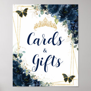 Affiche Marine Blue Floral or Quinceañera Cartes et cadeau