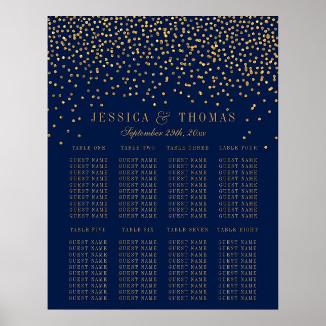 Affiche Marine Blue & Glam Gold Confetti Mariage Siège (Devant)