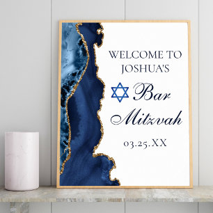 Affiche Marine Blue Gold Agate Bar Mitzvah Party Bienvenue