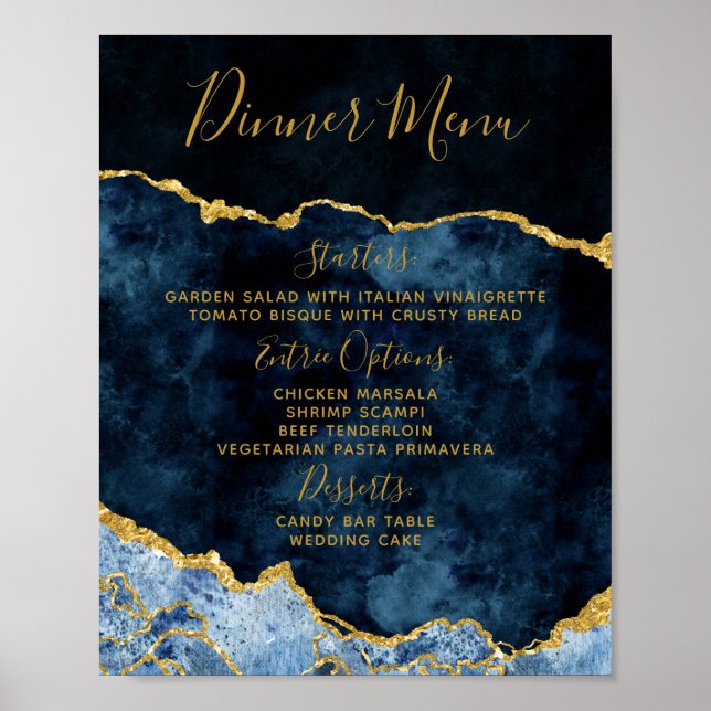 Affiche Marine Blue Gold Foil Agate Mariage Menu Table Pan (Devant)