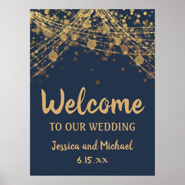 Affiche Marine Blue Gold String éclat Bokeh Mariage Bienve (Devant)
