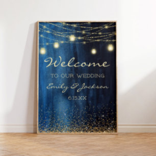 Affiche Marine Blue Gold String Lumières Mariage Bienvenue