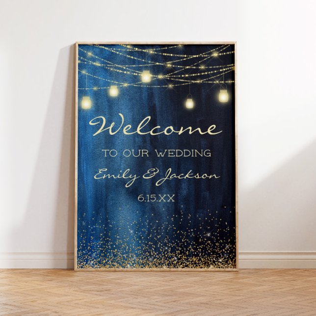 Affiche Marine Blue Gold String Lumières Mariage Bienvenue (Navy blue and gold string lights wedding welcome poster)