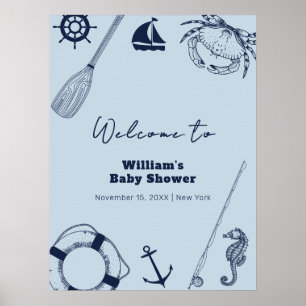 Affiche Marine Blue Modern Fishing Baby shower Bienvenue