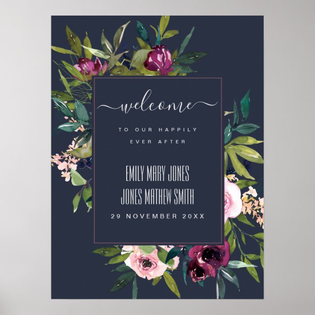 AFFICHE MARINE BLUSH BURGUNDY FLORAL BUNCH MARIAGE BIENVEN (Devant)