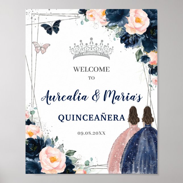 Affiche Marine Blush Floral Twins Silver Quinceañera (Devant)