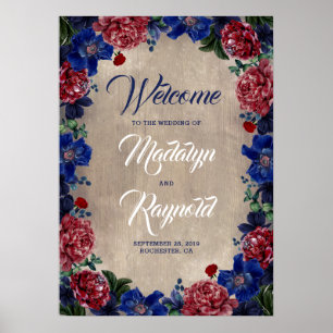 Affiche Marine et Bourgogne Floral Rustic Mariage Bienvenu