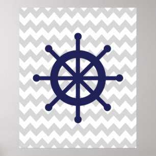 Affiche Marine et roue nautique grise de bateau de Chevron