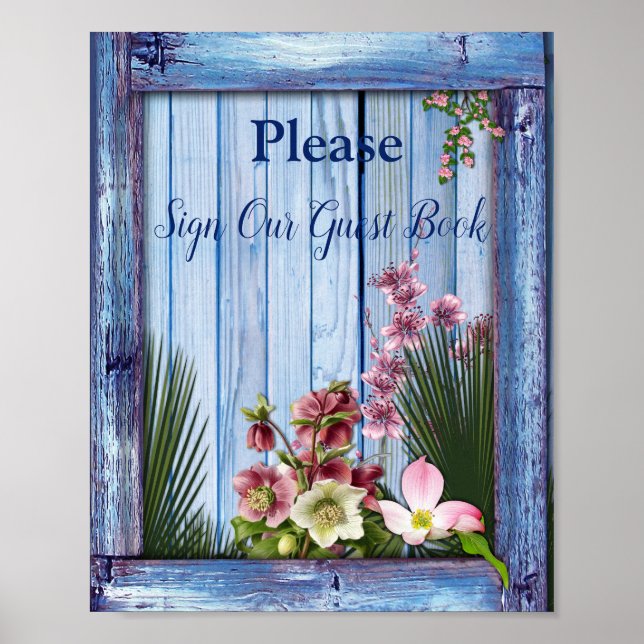 Affiche Marine - Fleurs bleues texturées et roses (Devant)