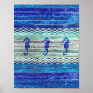 Affiche Marine Rustique Décor Côtier Bleu Chevaux
