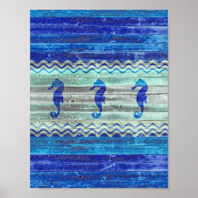 Affiche Marine Rustique Décor Côtier Bleu Chevaux (Devant)