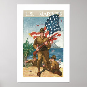 Affiche Marines des États-Unis - avec drapeau