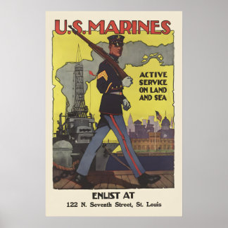 Affiche Marines des États-Unis Service actif Terre Mer Air