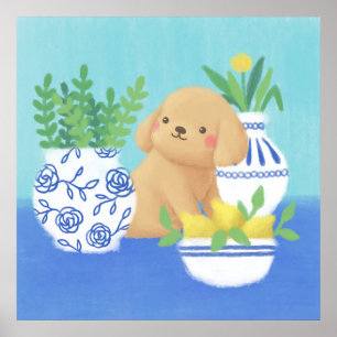 Affiche Marionnette mignonne avec Plantes, citrons et fleu