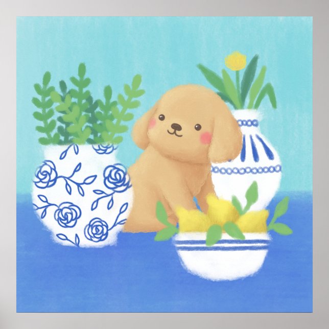 Affiche Marionnette mignonne avec Plantes, citrons et fleu (Devant)