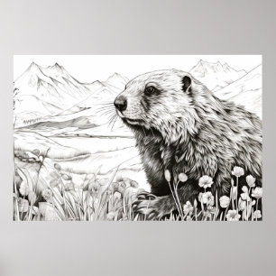 Affiche Marmotte Nature paisible Prairie Dessin d'art