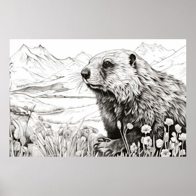 Affiche Marmotte Nature paisible Prairie Dessin d'art (Devant)