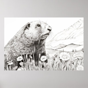 Affiche Marmotte Nature paisible Prairie Dessin d'art