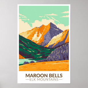 Affiche Maroon Bells Elk Mountains Colorado Vintage