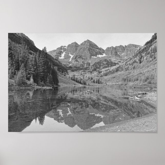 Affiche Maroon Bells en Automne, Colorado B/W (Devant)