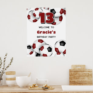 Affiche maroon black soccer balls anniversaire de enfant