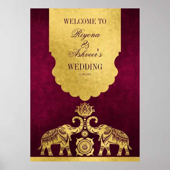 Affiche Maroon et éléphants d'or mariage indien bienvenue (Devant)